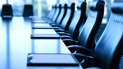 Fototapeta premium Conference Room: A modern and stylish conference room, showcasing an elegant long table and a row of comfortable chairs, ready for important meetings and decision-making.