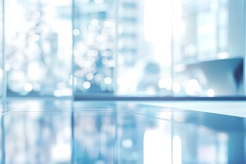 Serene city reflection on a polished floor, bathed in soft, cool light and showcasing a blurred cityscape view through large windows.
