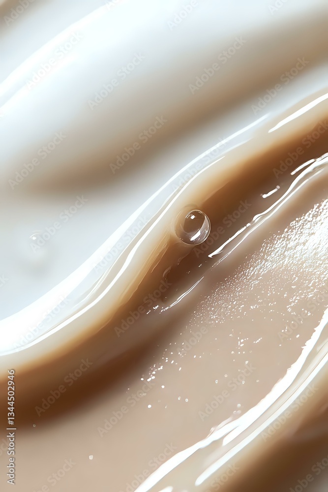Poster single water drop on smooth flowing brown and white abstract surface with gentle waves and sparkles 