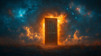 Solitary Wooden Door in an Empty Field Opening to a Vast Starry Sky – Surreal Symbol of the Unknown Future and Cosmic Exploration. Generative AI 