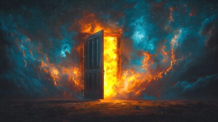 Solitary Wooden Door in an Empty Field Opening to a Vast Starry Sky – Surreal Symbol of the Unknown Future and Cosmic Exploration. Generative AI 