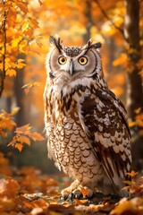 Fototapeta premium Majestic Long-Eared Owl in Vibrant Autumn Forest, Golden Fall Foliage Background, Stunning Wildlife Photography, Nature Conservation, Nocturnal Bird of Prey, Sharp Eyes, Perched on Rock
