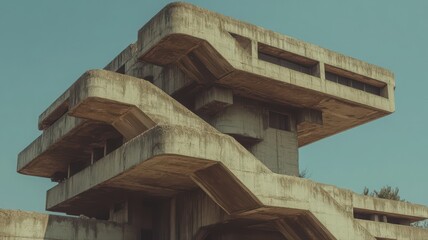 Obraz premium Weathered Concrete Building with Geometric Design Against a Clear Blue Sky