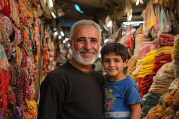 Iraq family - Market Charm: Photograph the family exploring a bustling market, such as Baghdad's Al-Mutanabbi Street. The colorful textiles, spices, and dynamic atmosphere add vibrancy and authenticit
