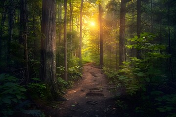 Obraz premium Sunlit Forest Path - Hiking Trail Through Lush Green Woods with Sunlight