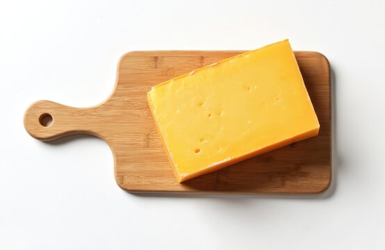 Top view of rectangular cheddar cheese piece on wooden board, isolated on white background. Fresh dairy product is tasty and appetizing. Ingredient for sandwich, breakfast, snack or lunch.