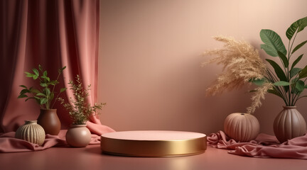 pink circular display stand with gold accents surrounded by plants in textured vases and draped fabric