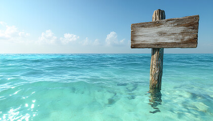 Empty wooden sign on clear water sea shore under bright blue sky. concept of coastal serenity, beach vacation, open space, ocean, blank space, customizable message, signpost