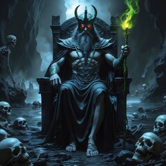 Obraz premium Dark Fantasy Throne: Sorcerer & Demon Lord with Magical Staff in Underworld Realm