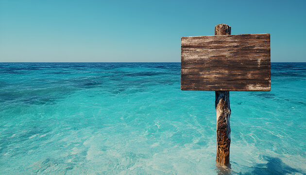 Empty wooden sign on clear water sea shore under bright blue sky. concept of coastal serenity, beach vacation, open space, ocean, blank space, customizable message, signpost