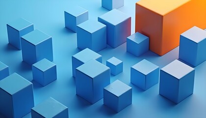 A digital art piece featuring an abstract arrangement of blue and orange cubes
