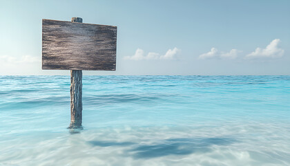 Empty wooden sign on clear water sea shore under bright blue sky. concept of coastal serenity, beach vacation, open space, ocean, blank space, customizable message, signpost