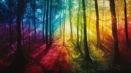 Fototapeta premium Vibrant Forest Scene with Colorful Light Rays and Trees Creating a Magical and Ethereal Atmosphere