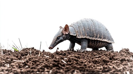 Obraz premium Small armadillo foraging in dark soil against white background.
