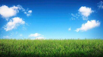 Fototapeta premium Lush Green Grass Against a Clear Blue Sky with Soft White Clouds