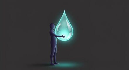 Fototapeta premium Conceptual Illustration of Human Figure with Large Glowing Water Drop, Symbolizing Environmental Stewardship and Water Conservation.