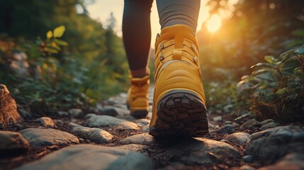 Close-up of hiker's yellow boots on rocky trail at sunset.