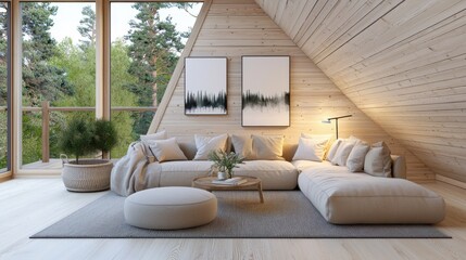 Small rustic attic loft living room, light wood walls, compact beige sofa, integrated lighting, minimalist paintings, panoramic twilight forest view