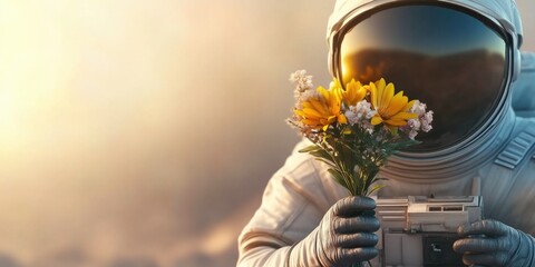 Space Exploration Meets Nature: Astronaut with Flowers