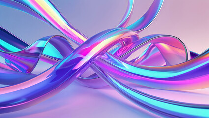 An abstract 3D render of multiple intertwined, transparent, and glossy ribbons forming a dynamic, fluid structure. The ribbons have a glass-like material with smooth reflections and refractions. 