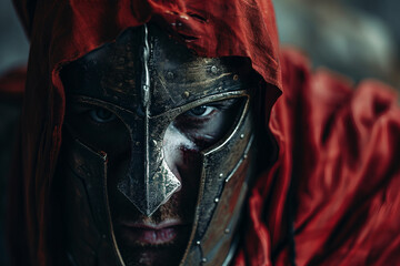 Generative AI image of a fierce ancient gladiator in battle-worn armor and helmet, inspired by Greek warriors