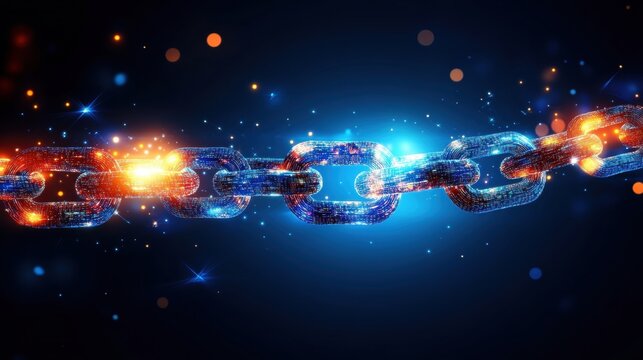 Digital Chain Link with Sparkling Lights on Dark Background