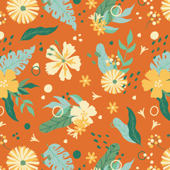 Colorful hibiscus flower with tropical leaf seamless pattern design for summer holidays background.