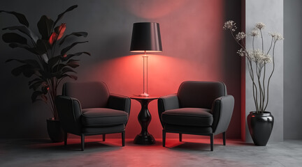 two dark armchairs and a floor lamp in a modern interior setting