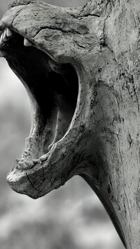 Carved wolf head sculpture in natural setting evokes wild nature and artistic craftsmanship