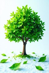 Fototapeta premium Leafy greens scattered on a snowy white surface, tree, isolated, nature