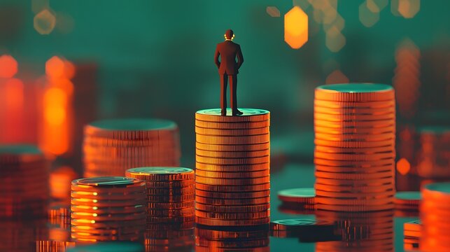 Financial Ascent: A miniature businessman stands atop a towering stack of coins, his gaze fixed on the shimmering cityscape, symbolizing ambition, wealth, and the pursuit of financial success.