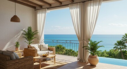 Obraz premium Ocean View Balcony with Rattan Furniture and Tropical Coastal Decor