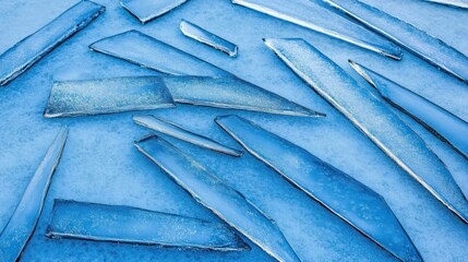 Fototapeta premium Abstract background of scattered blue ice shards on a frozen surface.