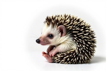 Obraz premium A tiny hedgehog, curled in a ball, isolated on pure white background , rodent, prickly, wildlife