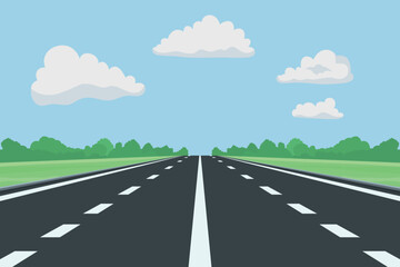 Flat Landscape Design with Road. Scenic Cartoon Highway, Nature Background. Cute Outdoors Scene with Road, Highway, Track, Front View. Vector Illustration