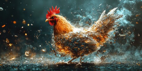 Fototapeta premium A colorful chicken is disintegrating into small fragmented particles