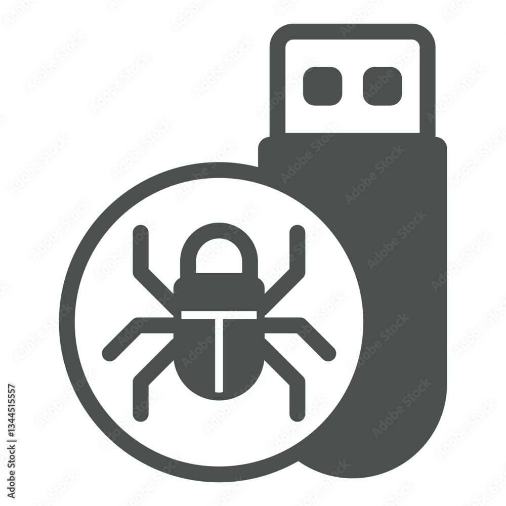 Poster flash drive with virus solid icon, hacker attacks concept. vector graphics. hacker exploit, bug on p
