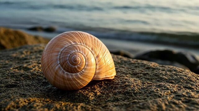 A serene close-up of a shell resting on a rock by the ocean, capturing nature's tranquility and beauty at sunset.