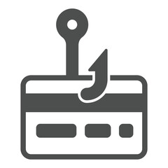 Credit card with hook solid icon, hacker attacks concept. Vector graphics. Unsecure fraud trick payment, bank carding sign on white background, glyph style icon for mobile or web design.