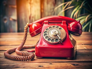 Vintage Red Rotary Phone: Classic Retro Telephone with Coiled Cord - Stock Photo
