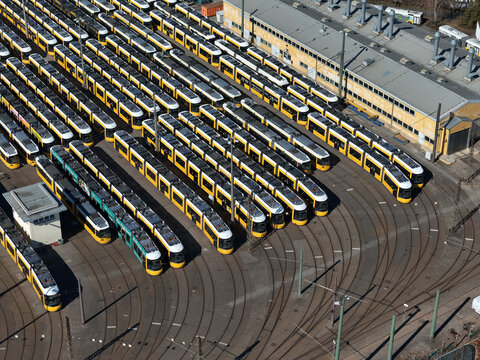 Berlin tramway maintenance workshops of the BVG. - aerial view - BERLIN, GERMANY - March 19, 2025