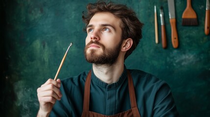 Creative artist reflecting in studio art supplies portrait thoughtful atmosphere