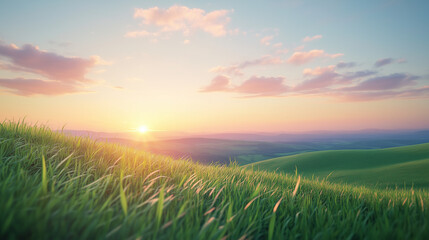 Obraz premium Serene sunset over green hills with vibrant sky 