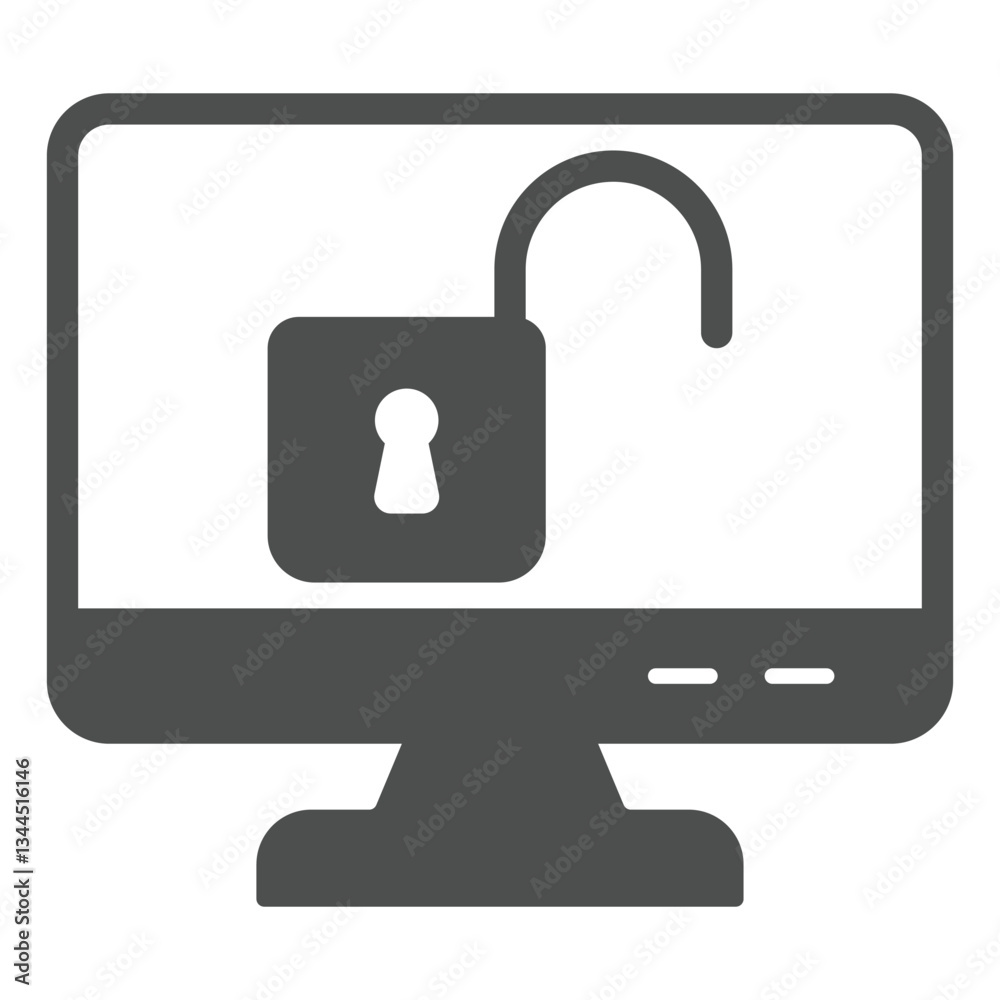 Poster monitor with unlocked lock solid icon, hacker attacks concept. vector graphics. display unlocked, sc