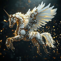 A golden white winged unicorn leaps forward in a dark setting