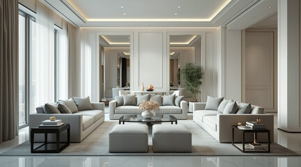 elegant contemporary living room with plush light gray sofas and sheer curtains