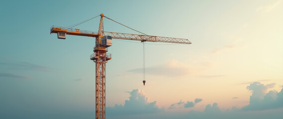 Obraz premium yellow construction crane against a sunset sky