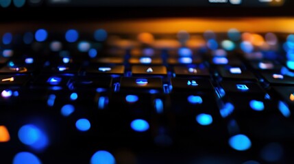 Close-up of illuminated keyboard with glowing blue and orange lights