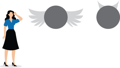 Confused businesswoman choose between angel and devil symboL