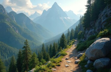 Obraz premium Scenic mountain landscape with forests, rocks. Trail on hill goes along cliff. Evergreen pine trees grow on mountain slope. View of valley, mountain peak, rocky scenery. Nature background.